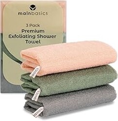 MainBasics Exfoliating Washcloth & Body Scrubber - Japanese Nylon Back Scrubber, 35-Inch, Quick-Dry, Deep Exfoliation (Set of 3, Earthy Love)