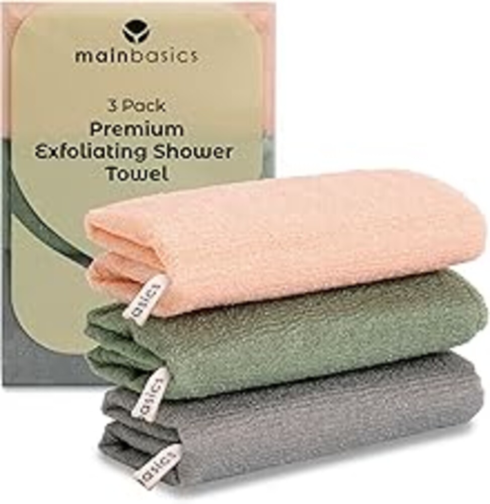 MainBasics Exfoliating Washcloth & Body Scrubber - Japanese Nylon Back Scrubber, 35-Inch, Quick-Dry, Deep Exfoliation (Set of 3, Earthy Love)