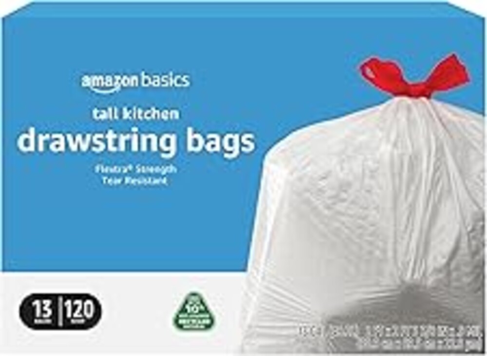 Amazon Basics 13 Gallon Tall Kitchen Drawstring Trash Bags, Flextra Strength, Tear Resistant, Clean Fresh Scent, 10% Post Consumer Recycled, 120 Count