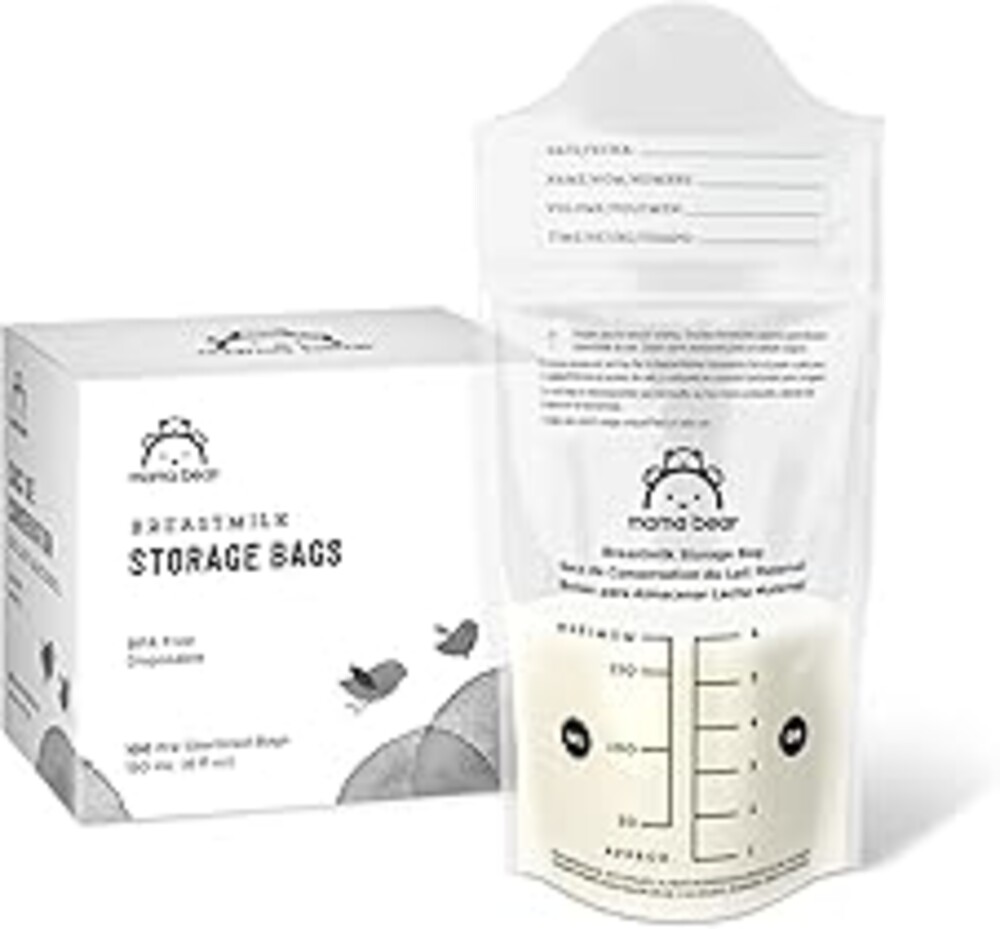 Amazon Brand - Mama Bear Breastmilk Storage Bags, Pre-Sterilized, BPA Free, Double Zips, for Refrigeration and Freezer Storage, 100 Count, 6 fl oz