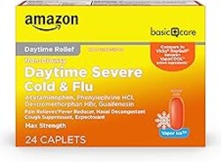 Amazon Basic Care Daytime Severe Cold & Flu Relief Caplets, Multi-Symptom Relief for Headache, Fever, Sore Throat, Chest & Nasal Congestion, Vapor Ice, 24 Count