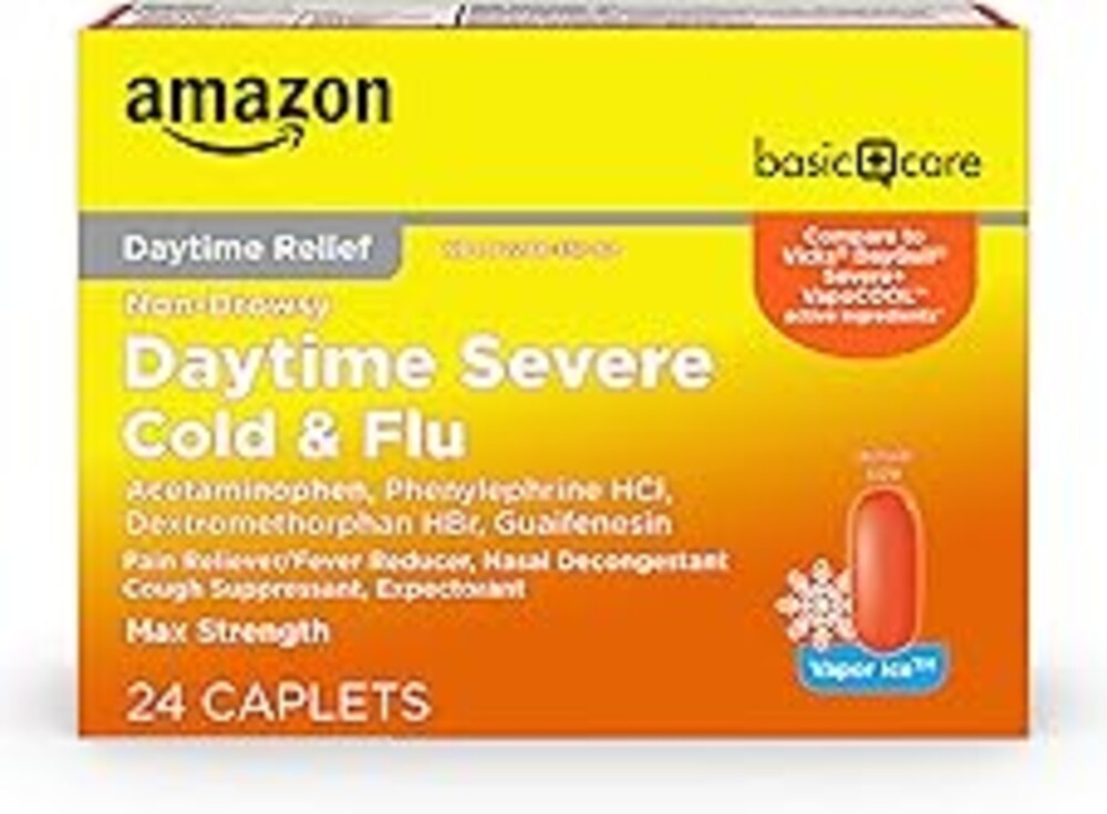 Amazon Basic Care Daytime Severe Cold & Flu Relief Caplets, Multi-Symptom Relief for Headache, Fever, Sore Throat, Chest & Nasal Congestion, Vapor Ice, 24 Count