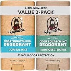 Dr. Squatch Natural Men’s Deodorant – Aluminum Free Natural Deodorant Men with Charcoal & Postbiotics for 72-Hour Odor Protection – Coastal Mist, 2.65oz Stick (2-Pack)