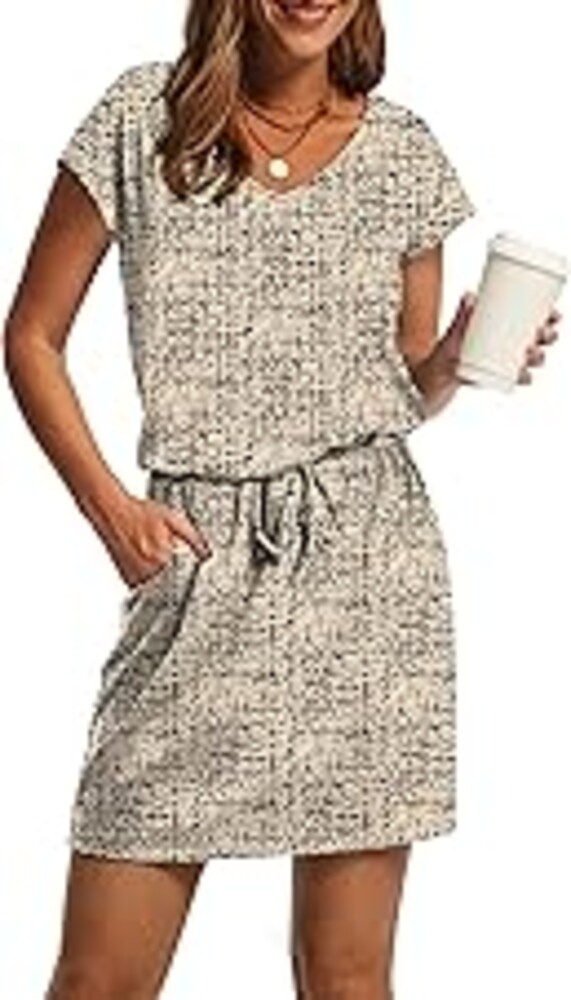 OFEEFAN Summer Dresses for Women 2026 V Neck T Shirt Casual Mini Dresses Tie Waist Sundresses with Pockets