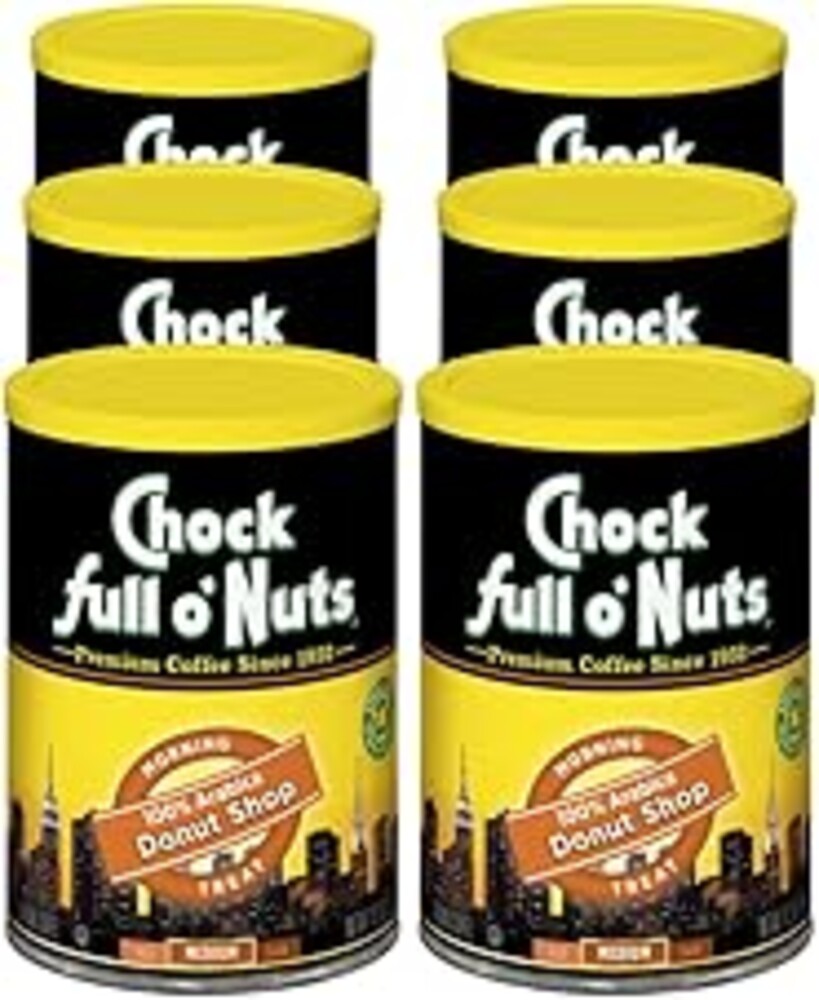 Chock Full o' Nuts Donut Shop Ground Coffee – Premium Beans in Recyclable Steel Can – Rich Flavor & Aroma, Medium Roast – Perfect for Drip, Pour-Over, Percolator – 10.2 Oz Can, Pack of 6