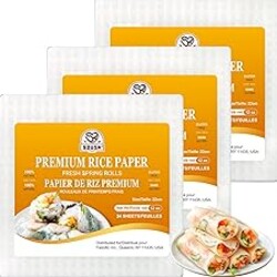 52USA Square Rice Paper, 3 Pack, White Rice Paper Wrappers, Fresh Spring Roll Wrappers & Dumplings-102 Sheets, Gluten-Free Wonton Wrappers, Vegan, Low Carb, Vietnamese Rice Wraps (22cm, 36 oz)