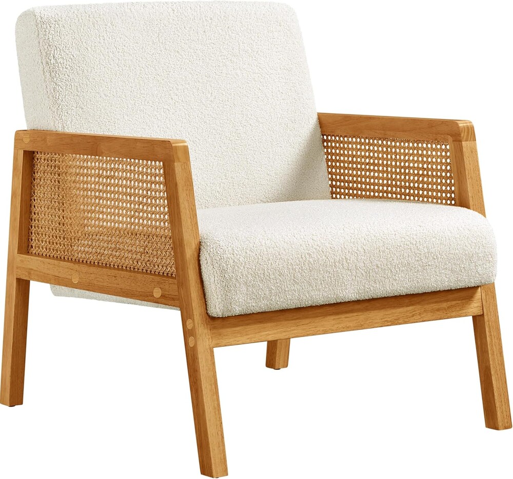 Yaheetech Rattan Accent Chair, Boho Vintage Armchair, Boucle Fabric Reading Chair with Wood Armrest and Legs for Living Room Bedroom Reception, Ivory