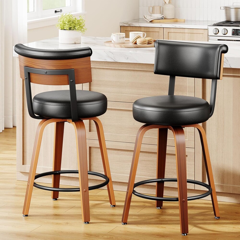 Swivel Counter Height Bar Stools Set of 2, 26" Upholstered Bonded Leather Barstools with Back, Mid Century Modern Bar Chairs with Bent Wood Legs & Supportive Back for Kitchen Counter, Black, 2Pcs