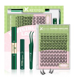 KEYYOU Bunny Lash Clusters Kit Manga Lash Extension Kit D Curl 108Pcs Fairy Eyelash Extension Kit Wispy Natural Invisible Band Lash Kit with Waterproof DIY Lash Extension Kit at Home(Bunny-8-18MIX)