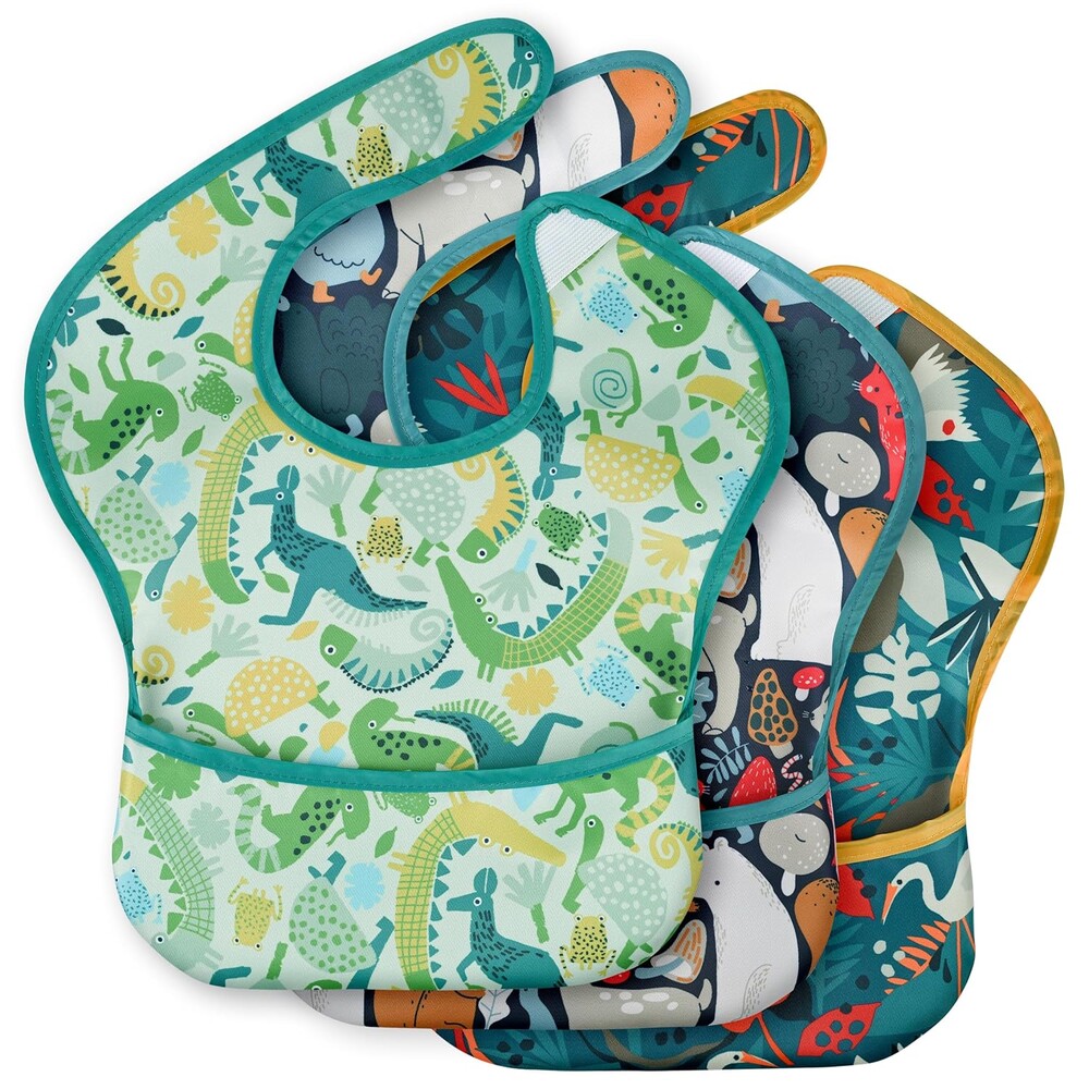 3-Pack Waterproof Baby Bibs for Eating - Mess Proof Lightweight Toddler Feeding Bibs with Large Food Catcher, Food-Grade Baby Eating Essentials, Easy to Put On & Clean(Green Animals)