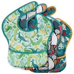 3-Pack Waterproof Baby Bibs for Eating - Mess Proof Lightweight Toddler Feeding Bibs with Large Food Catcher, Food-Grade Baby Eating Essentials, Easy to Put On & Clean(Green Animals)