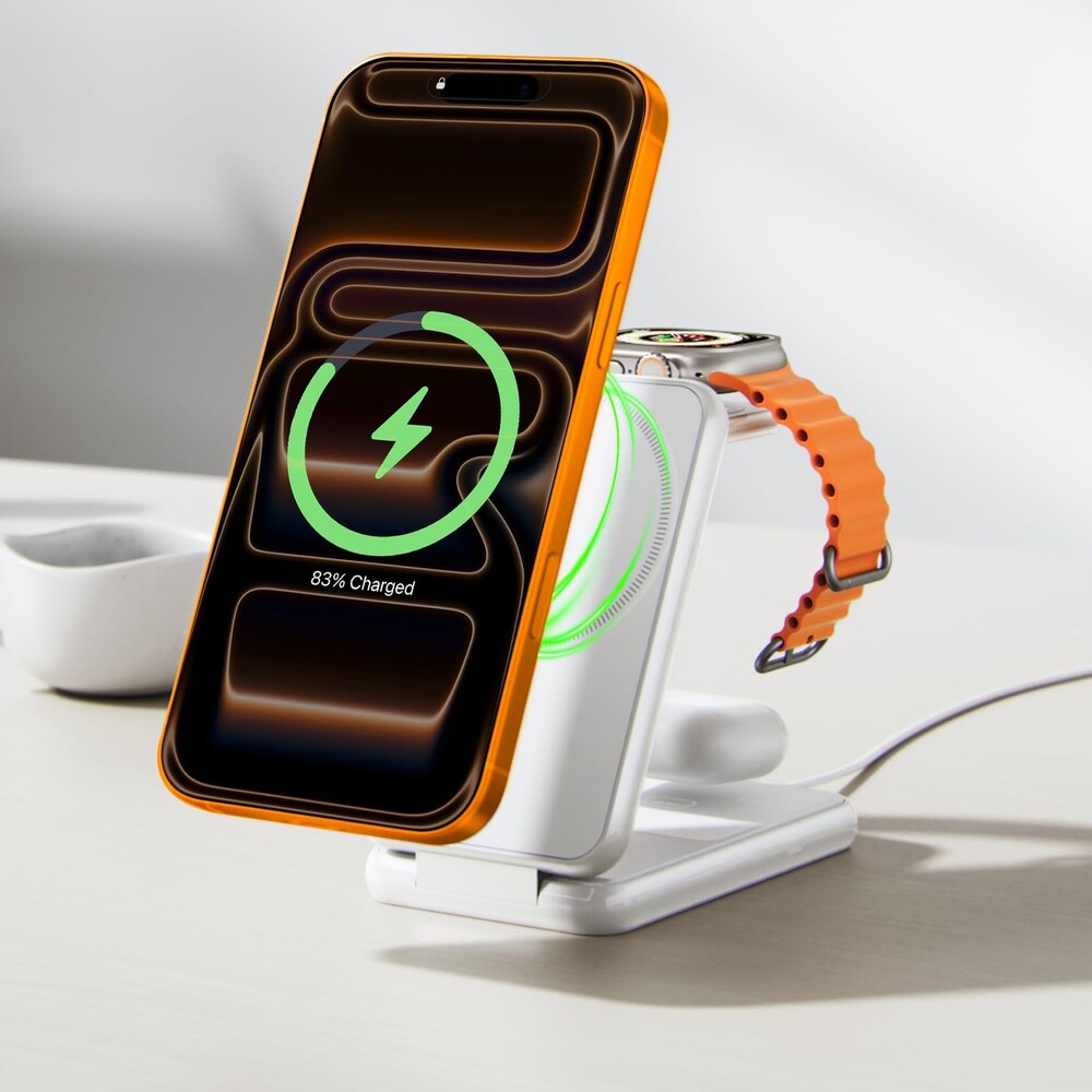 iVANKY 3 in 1 Foldable Magnetic Wireless Charging Station, 15W Fast Charger Stand for MagSafe, Travel Charger for iPhone 17 16 15 Pro Max, Apple Watch, AirPods, Compact & Portable, White(No Adapter)