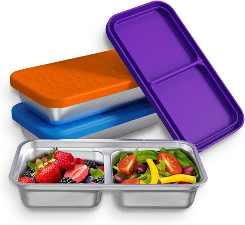 3 Pack Stainless Steel Snack Containers with Silicone Lids, 2 Compartment, Food Storage Containers for Home, School, Office, Travel, Party and More (Purple/Orange/Blue)