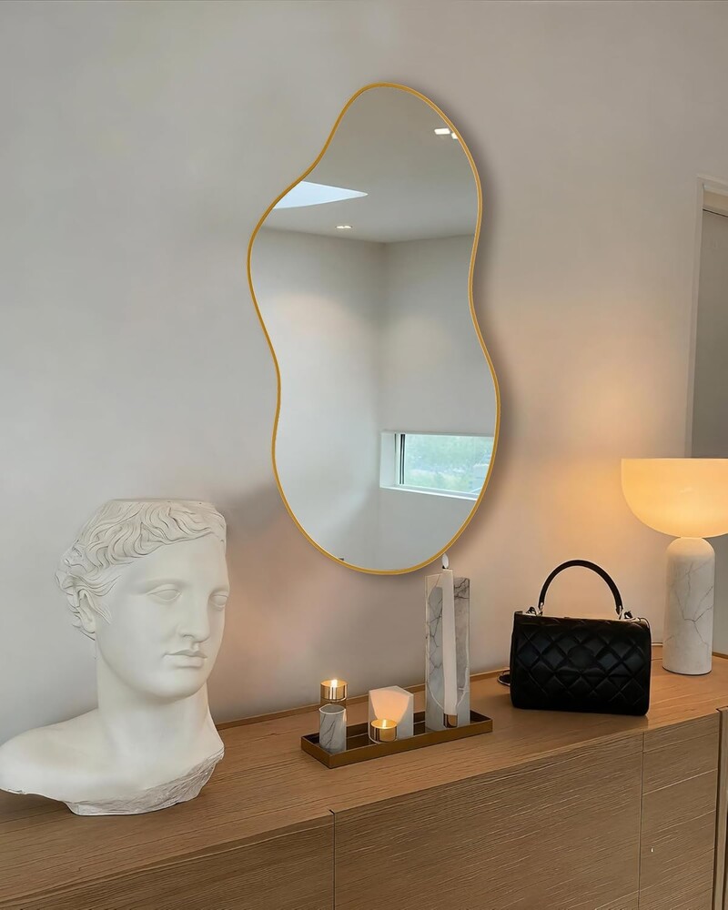 Irregular Wall Mirror 20×36 Inch Wall Mirrors Decorative Gold Modern Asymmetrical Abstract Mirror for Bathroom Bedroom Living Room Entryway Hallway