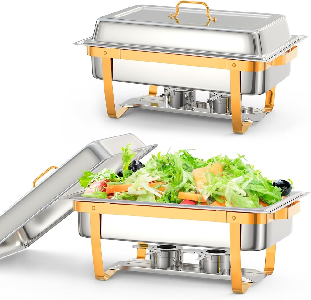 GarveeHome Chafing Dish Buffet Set, 8QT 2 Pack, Rectangle Chafing Dishes for Buffet w/Lid Holder, Stainless Steel Chafer Food Warmers Servers for Kitchen Party Banquet Dining, Gold
