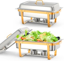 GarveeHome Chafing Dish Buffet Set, 8QT 2 Pack, Rectangle Chafing Dishes for Buffet w/Lid Holder, Stainless Steel Chafer Food Warmers Servers for Kitchen Party Banquet Dining, Gold