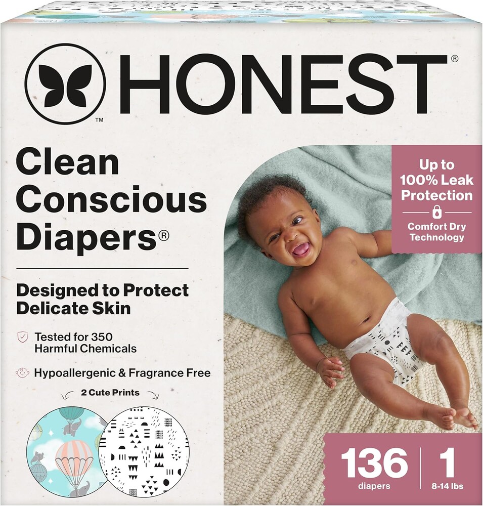 The Honest Company Comfort Dry Disposable Daytime Diapers for Sensitive Skin, Hypoallergenic, Above It All + Pattern Play, Super Club Box Size 1 (8–14 lbs) 136