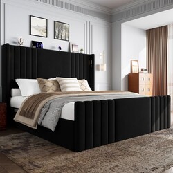 Queen Bed Frame with 55.1" Tall Headboard, Velvet Upholstered Platform Bed with Channel Tufted Wingback, 2 Reading Lights/Storage Shelf/Charging Station/Easy Assembly/Noise-Free, Black