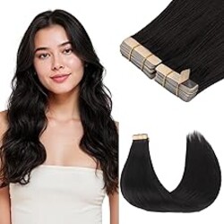 GOO GOO Tape in Hair Extensions Human Hair, 1B Natural black, 18inch 100g 40pcs, Skin Weft Seamless Invisible, Silky Straight with Thick Ends, Remy Human Hair