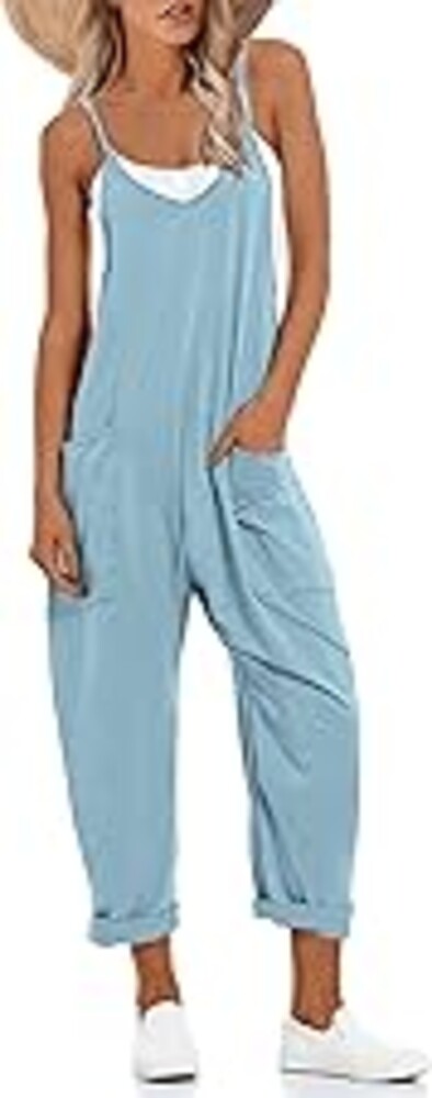 Lentta Women's Causal Jumpsuits V Neck Sleeveless Harem Overalls Stretchy Adjustable Strap Romper with Pockets