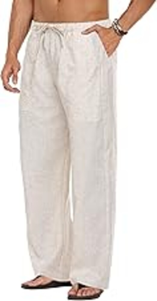 COOFANDY Men's Linen Pant Elastic Waist Linen Pants Drawstring Summer Beach Pant