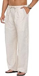 COOFANDY Men's Linen Pant Elastic Waist Linen Pants Drawstring Summer Beach Pant