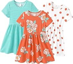 PATPAT Toddler Girl Floral Skater Multipack Dresses 3-Pack Polka Dots Short Sleeve Priness A-line Dress