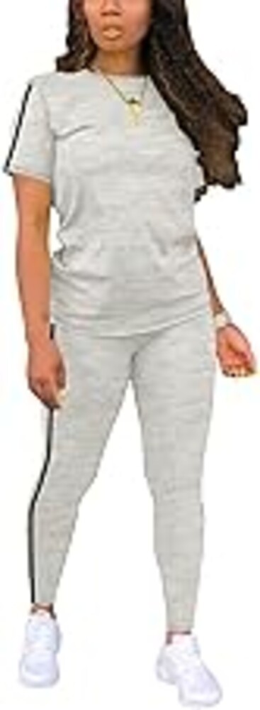 BNGPIKLY Women's 2 Piece Outfits Sweatsuit Summer Workout Striped Short Sleeve Long Sweatpants Casual Jogging Lounge Set