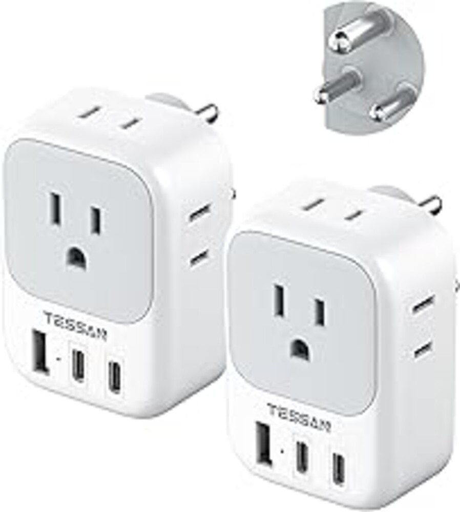 US to India Plug Adapter 2 Pack, TESSAN Type D Travel Adapter with 4 Outlets 3 USB (2 USB-C), Power Adaptor for US to India Nepal Maldives Pakistan Bangladesh Sri Lanka Bhutan Yemen