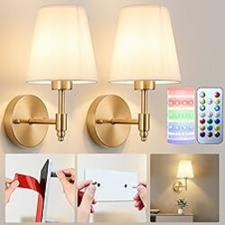 Nekhung Battery Operated Wall Sconces Set of Two, Wireless Battery Wall Light with 10000mAh RGB Dimmable Magnetic Bulb and Remote, Rechargeable Sconce Wall Decor for Bedroom Living Room Hallway