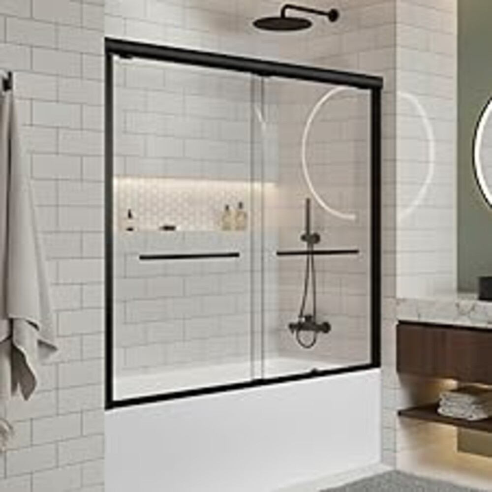 Sliding Bathtub Shower Door, 56-60" W x 57" H Glass Shower Door, Matte Black Aluminum Frame with Stainless Steel Towel Bar
