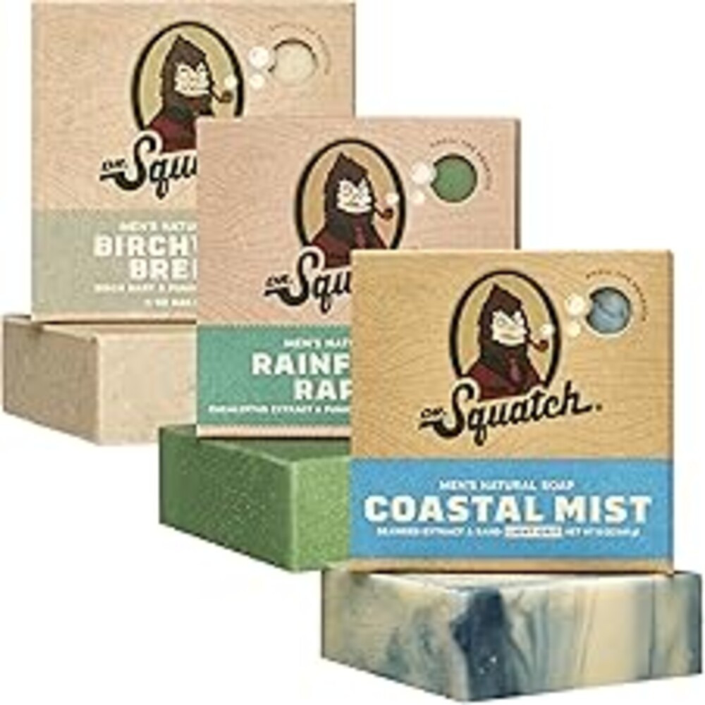 Dr. Squatch Natural Men’s Bar Soap - Cold Process Body Soap Bar with Natural Oils - Gifts for Men - Coastal Mist, Rainforest Rapids, Birchwood Breeze (5 oz, 3-Pack)