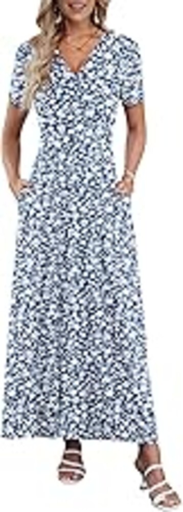 AUSELILY Maxi Dresses for Women Ankle Length Floral Print Beach Long Flowy Dress with Pockets