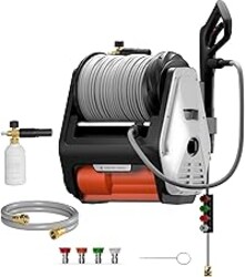 Giraffe Tools Grandfalls Retractable Wall Mounted Pressure Washer Pro, 3700 PSI, 1.6 GPM Electric Power Washer, Automatic Rewind, 100ft Pressure Hoses, 5 Nozzles for Cars/Fences/Patios, Light Silver