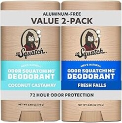 Dr. Squatch Natural Men’s Deodorant – Aluminum Free Natural Deodorant Men with Charcoal & Postbiotics for 72-Hour Odor Protection – Coconut Castaway + Fresh Falls, 2.65oz Stick (2-Pack)