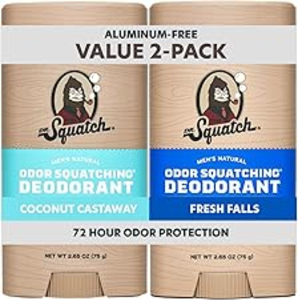 Dr. Squatch Natural Men’s Deodorant – Aluminum Free Natural Deodorant Men with Charcoal & Postbiotics for 72-Hour Odor Protection – Coconut Castaway + Fresh Falls, 2.65oz Stick (2-Pack)