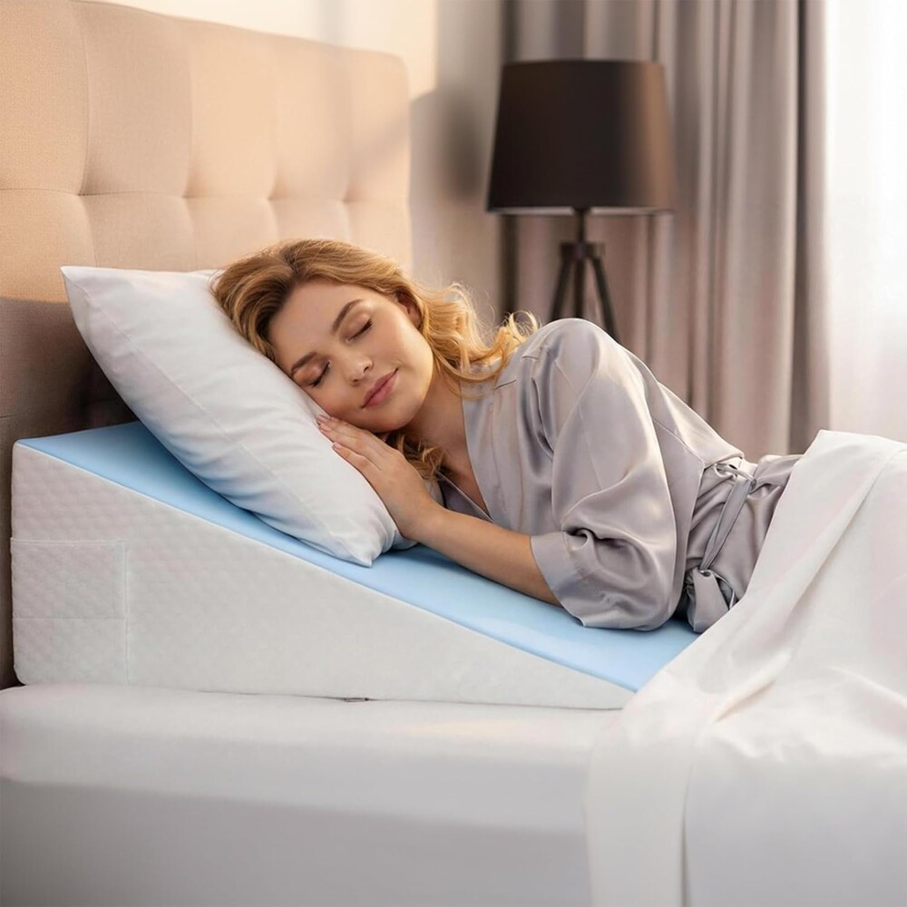[2026 New 7.5" Memory Foam Wedge Pillow for Sleep Apnea, Sleeping, Acid Reflux Relief, Snoring, Dual Sided Cooling & Warm Fabric Triangle Pillow Wedge for After Surgery, Back, Leg - Blue