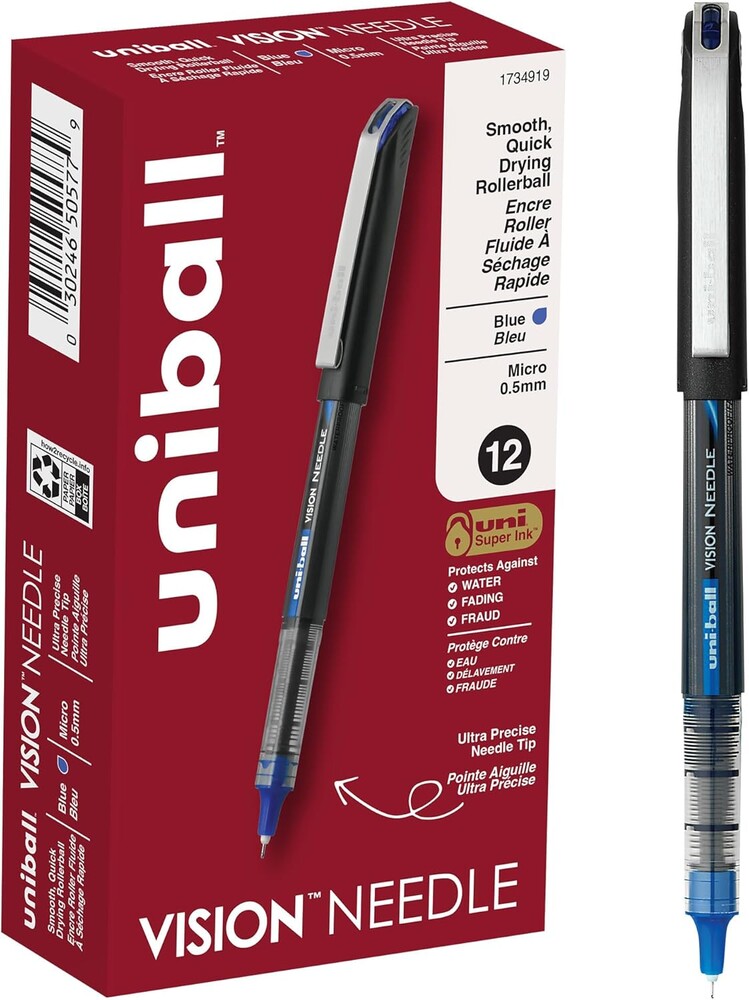 Uniball Vision Needle Rollerball Pens, Micro Point (0.5mm), Blue, 12 Pack
