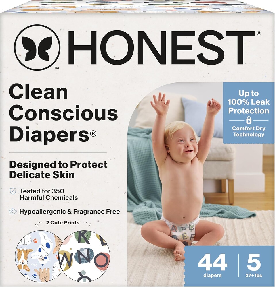 The Honest Company Comfort Dry Disposable Daytime Diapers for Sensitive Skin, Hypoallergenic, Fragrance-Free, All the Letters + It's a Pawty, Club Box, Size 5 (27 lbs), 44 Count