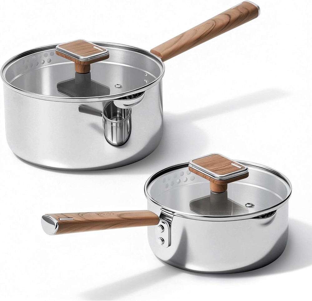 CAROTE1.5Qt & 3Qt Stainless Steel Saucepan Set, Triple Ply Stainless Steel Pot, Saucepan with Glass Lid, Small Sauce Pot with Wooden Handle, Easy Pour Rim, Mothers Day Gifts