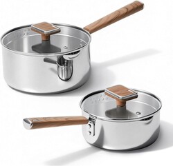 CAROTE1.5Qt & 3Qt Stainless Steel Saucepan Set, Triple Ply Stainless Steel Pot, Saucepan with Glass Lid, Small Sauce Pot with Wooden Handle, Easy Pour Rim, Mothers Day Gifts