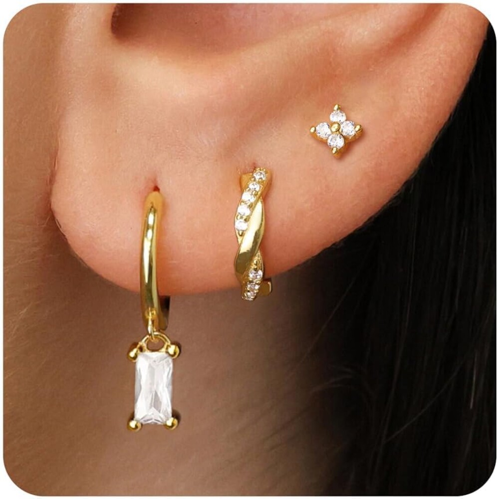 Poxtex Small Sterling Silver Huggie Hoop Earrings Set for Women, Hypoallergenic 14K Gold Plated Hoops Stacks for Multiple Piercings, Dainty Cute Mini Lightweight Cartilage Studs Trendy Jewelry Gift