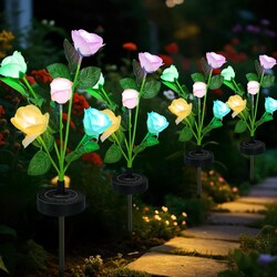 Upgraded Solar Garden Lights, 4 Pack Outdoor Solar Lights, New Round Panel for 40-Hour Runtime, Serve as Outdoor & Indoor Decor, 7-Color Changing Flower Lights, Waterproof for Patio Yard Decoration