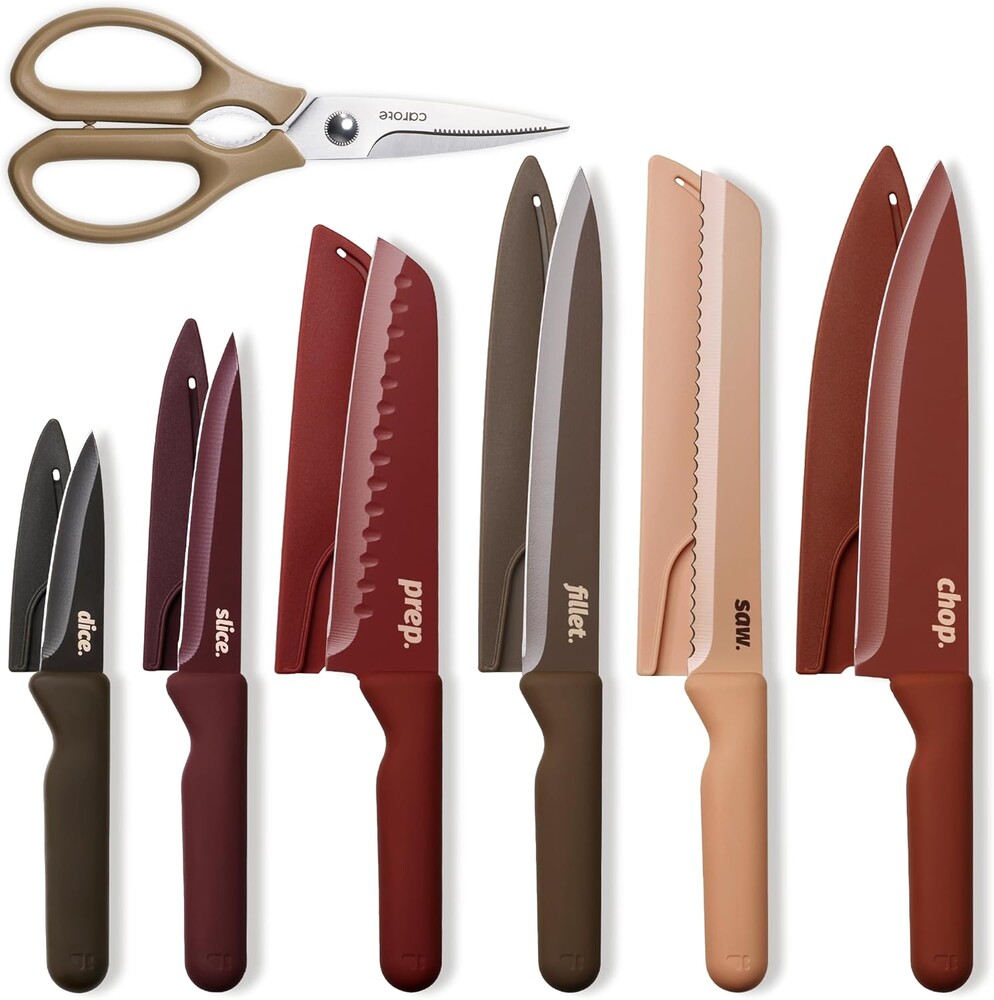 CAROTE Knife Set, 13 Pcs Kitchen Knife Set with Letter, 6 Stainless Steel Knives with Nonstick Ceramic Surface & Blade Guards, Kitchen Shears, Dishwasher Safe, Ergonomic Handles