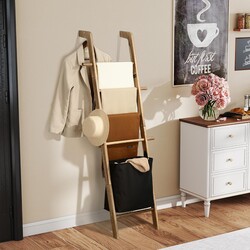 67-Inch Farmhouse Blanket Ladder with Basket, Rustic Wooden Display Ladder for Throws, Blankets, Quilts & Towels, Sturdy Wall Leaning Decorative Storage Rack for Bedroom, Living Room and Bathroom