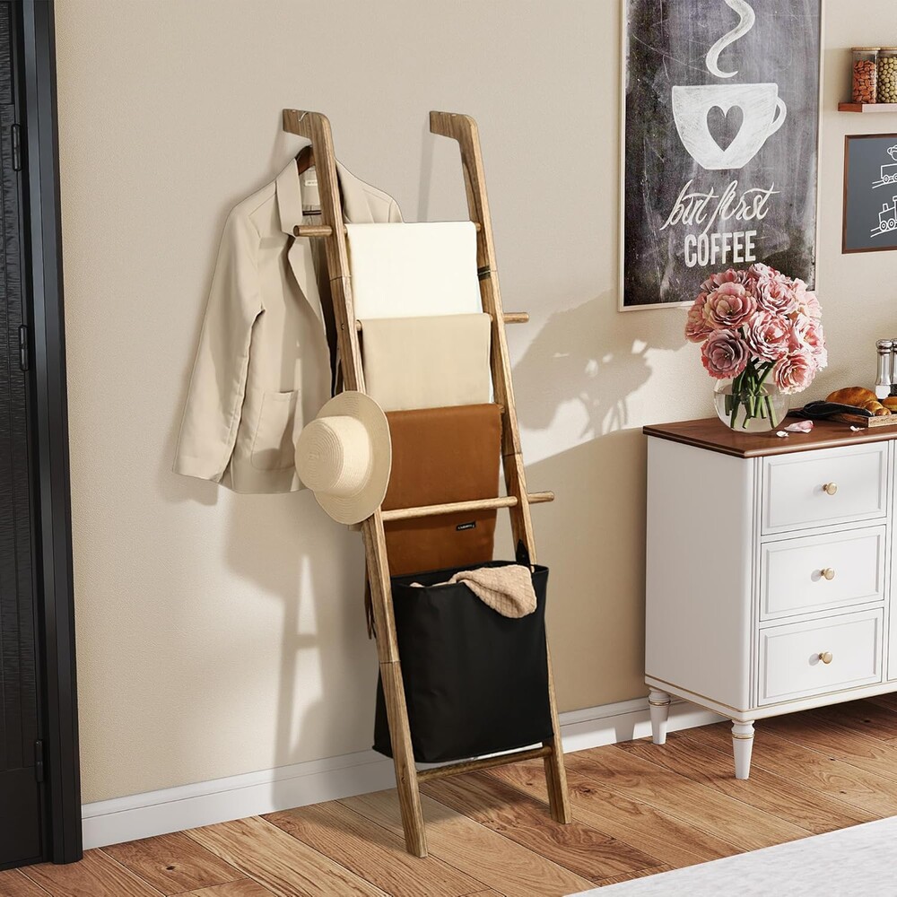 67-Inch Farmhouse Blanket Ladder with Basket, Rustic Wooden Display Ladder for Throws, Blankets, Quilts & Towels, Sturdy Wall Leaning Decorative Storage Rack for Bedroom, Living Room and Bathroom