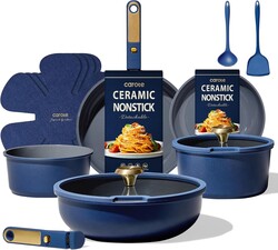 CAROTE Blue&Gold Ceramic Cookware Set Non Toxic, PFAS Free,15Pcs Pots and Pans Set Non Stick Detachable/Removable Handle,Kitchen Cooking Set Dishwasher Safe, Nonstick Pot and Pan, Induction Cookware
