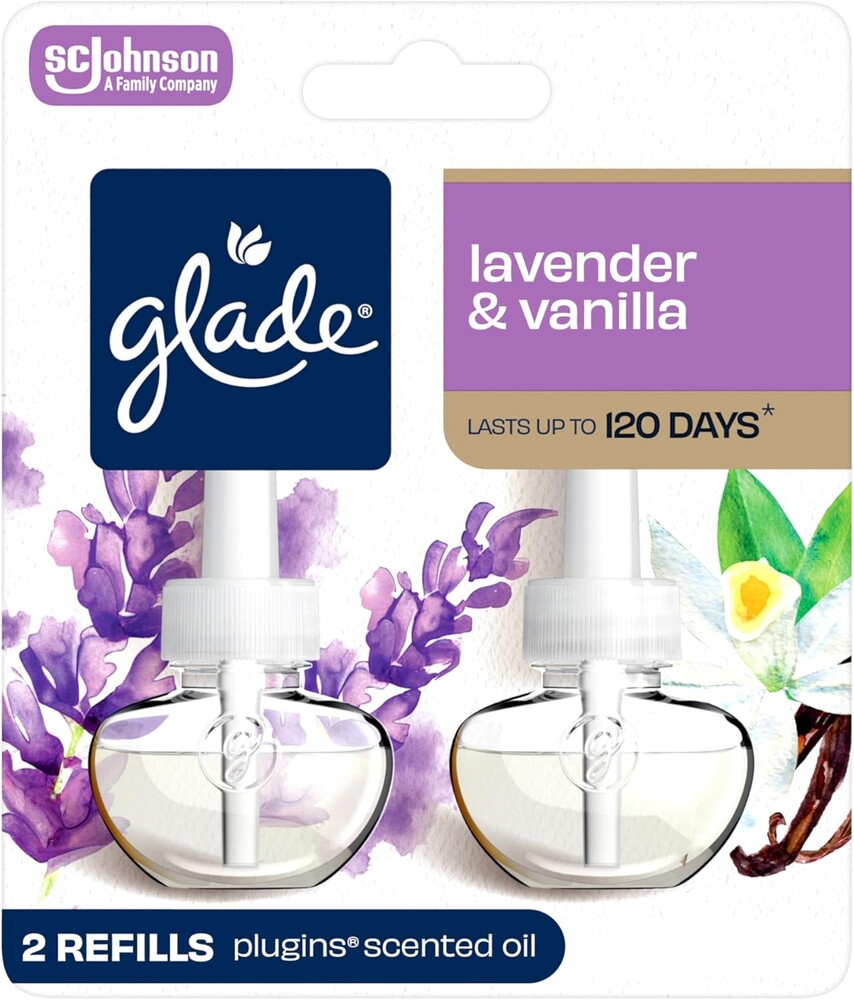 Glade PlugIns Refills Air Freshener, Scented and Essential Oils for Home and Bathroom, Lavender & Vanilla , 1.34 Fl Oz, 2 Count (Pack of 1)