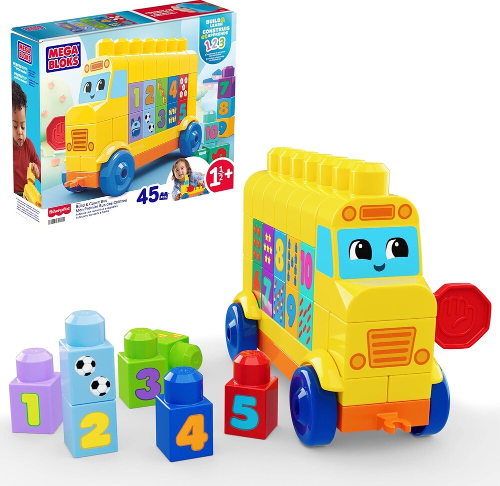 MEGA BLOKS First Builders Toddler Block Toys Set, Build & Count Bus 45 Pieces, Learn Numbers and Counting, Yellow, Ages 1+ Years