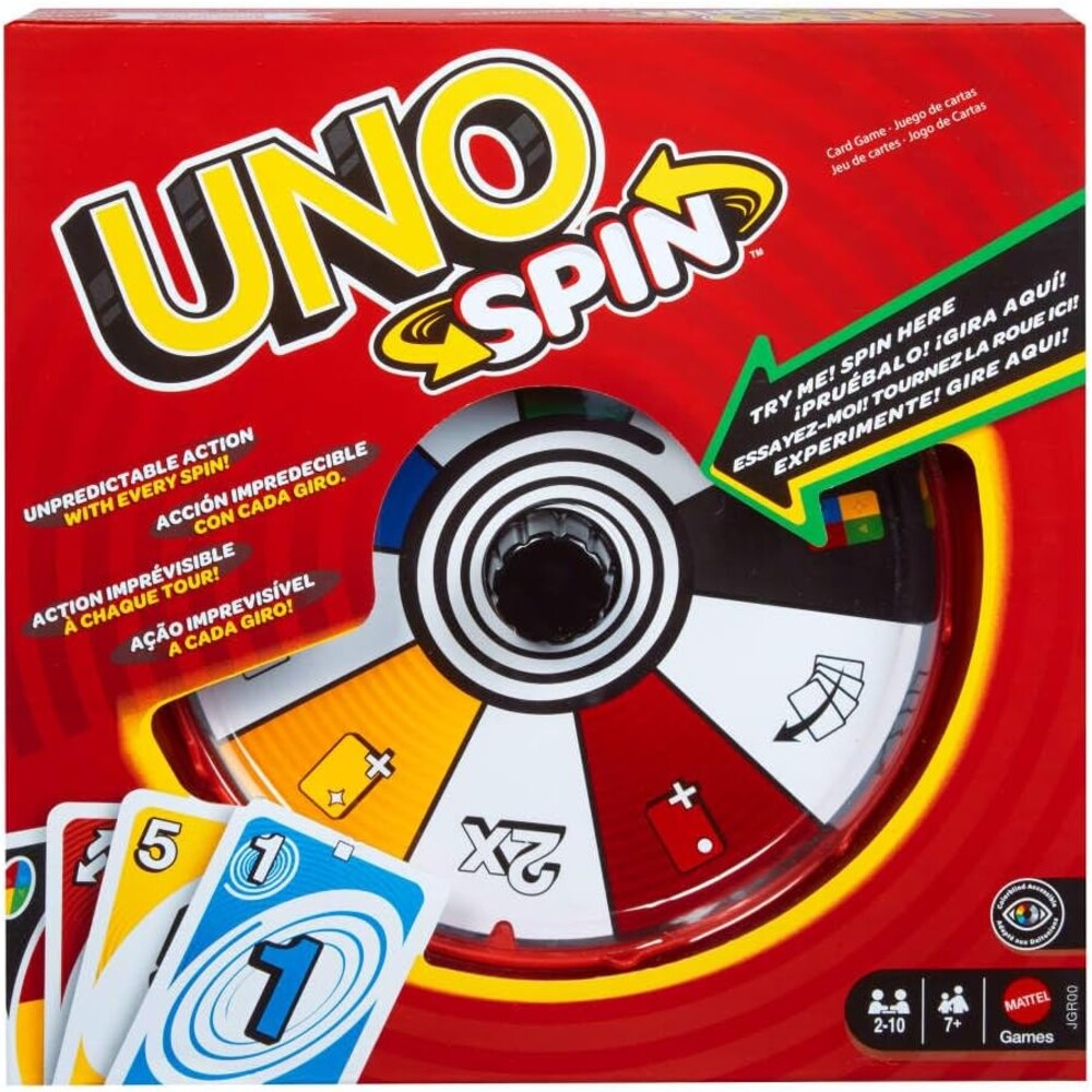Mattel Games UNO Spin Card Game for Kid, Adult & Family Nights, Classic Play with Toy Spinner, New Challenges & Rules, Rainy Day Activity